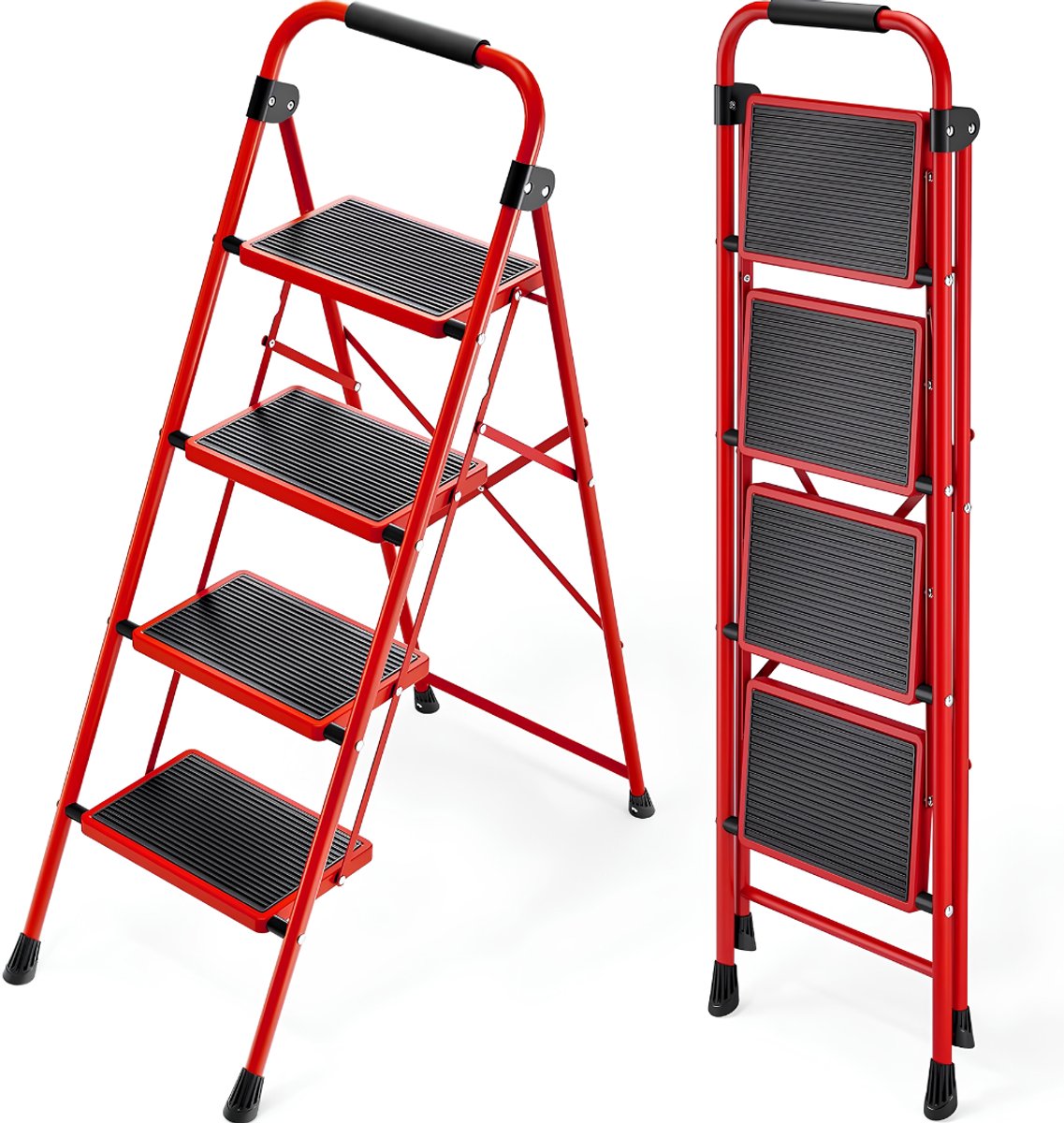JCP® Huishoudtrap 4 Treden - Ladder - Huishoudtrap - Rood en Zwart - 81cm x 41cm x 112cm