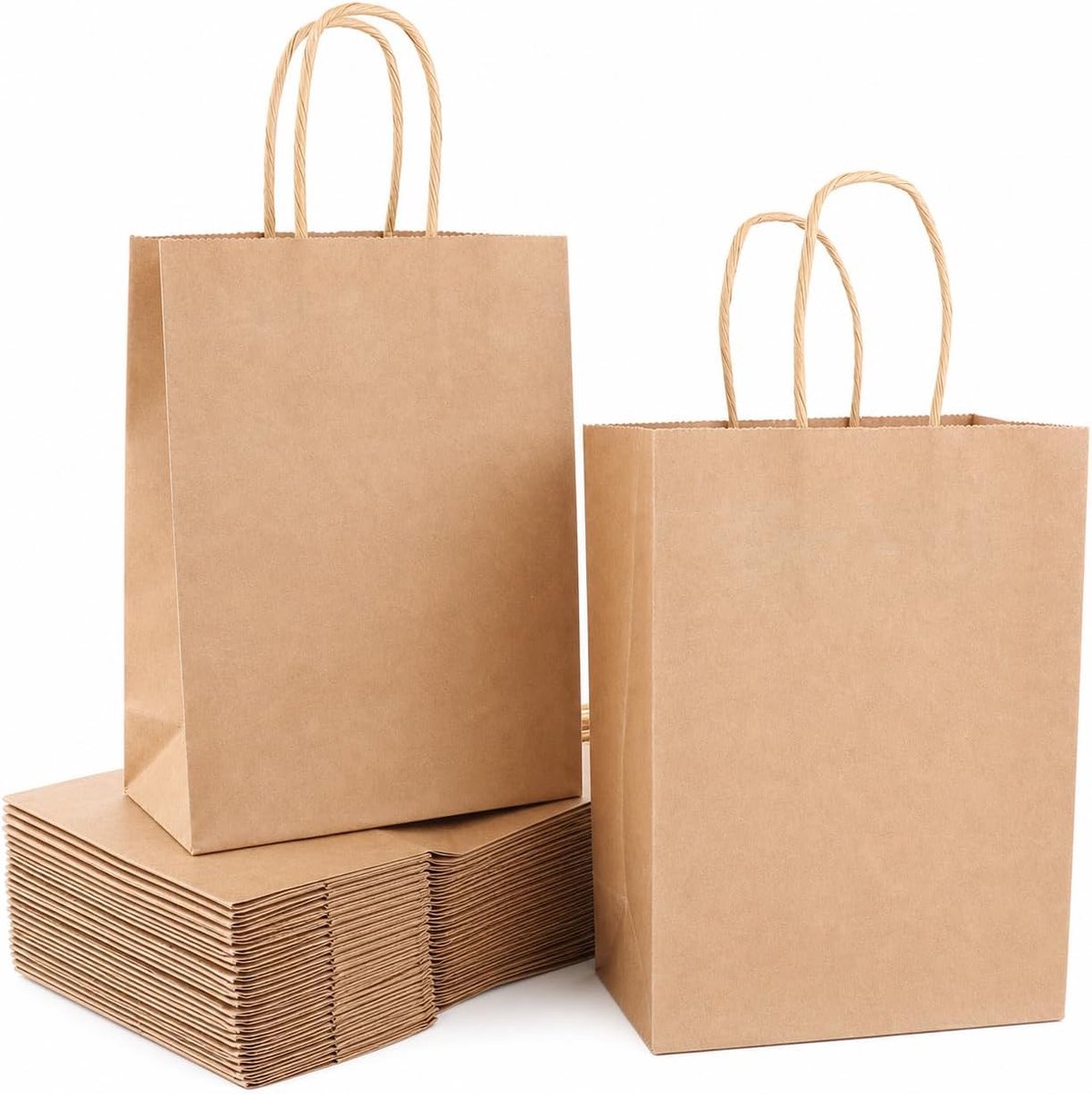 SnelShoppen - 150 Stuks Papieren Tasjes Kraft Zakjes 15x8x21 cm Bruin Met Handvat Voor Cadeau Verpakking Feest Traktatie Winkelgebruik
