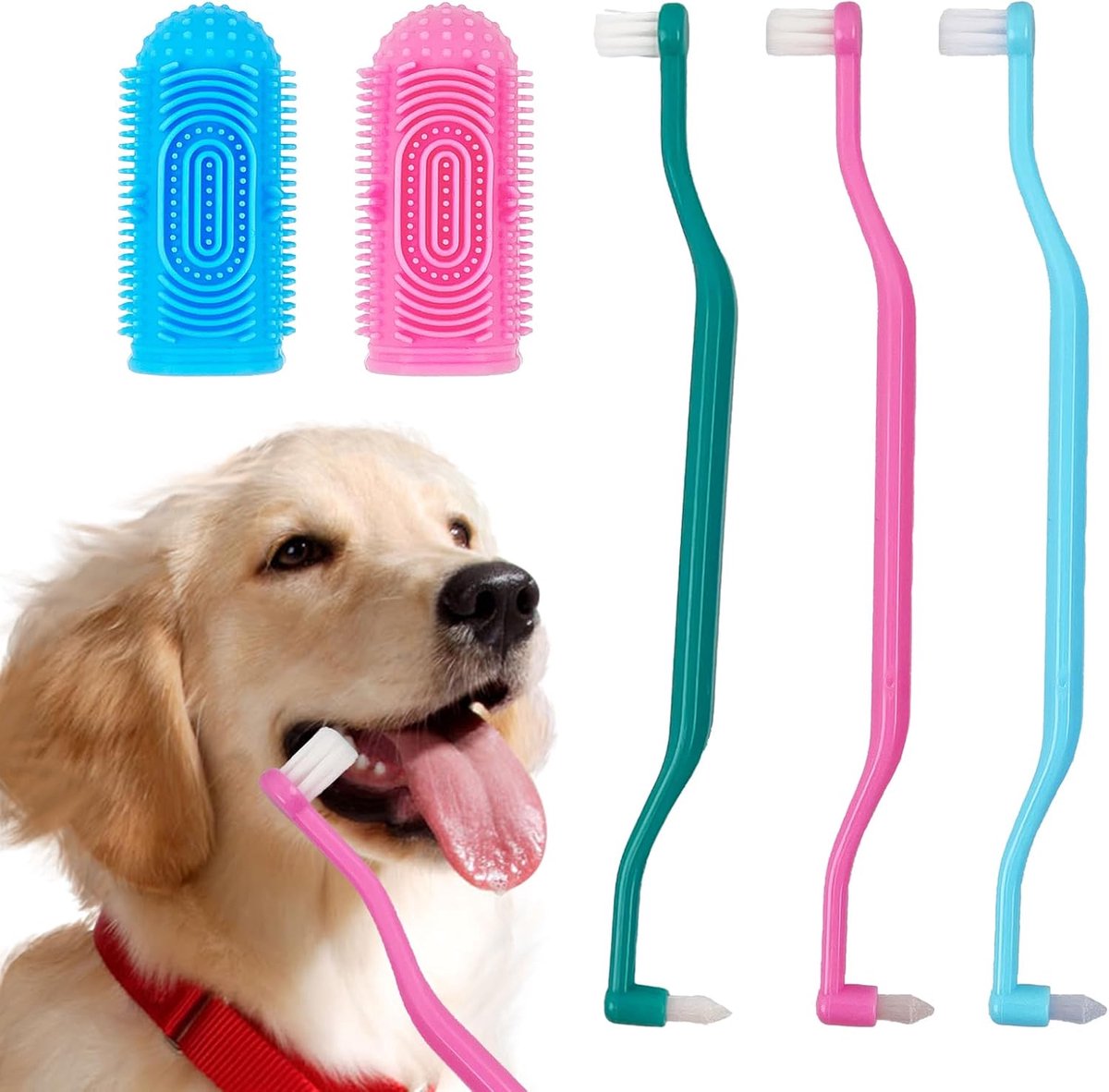 SnelShoppen - 5-delige Dubbele Honden Tandenborstel Set, Silicone Tandenborstel voor Huisdieren, 360 Graden Katten Tandenborstel, Geschikt voor Kleine