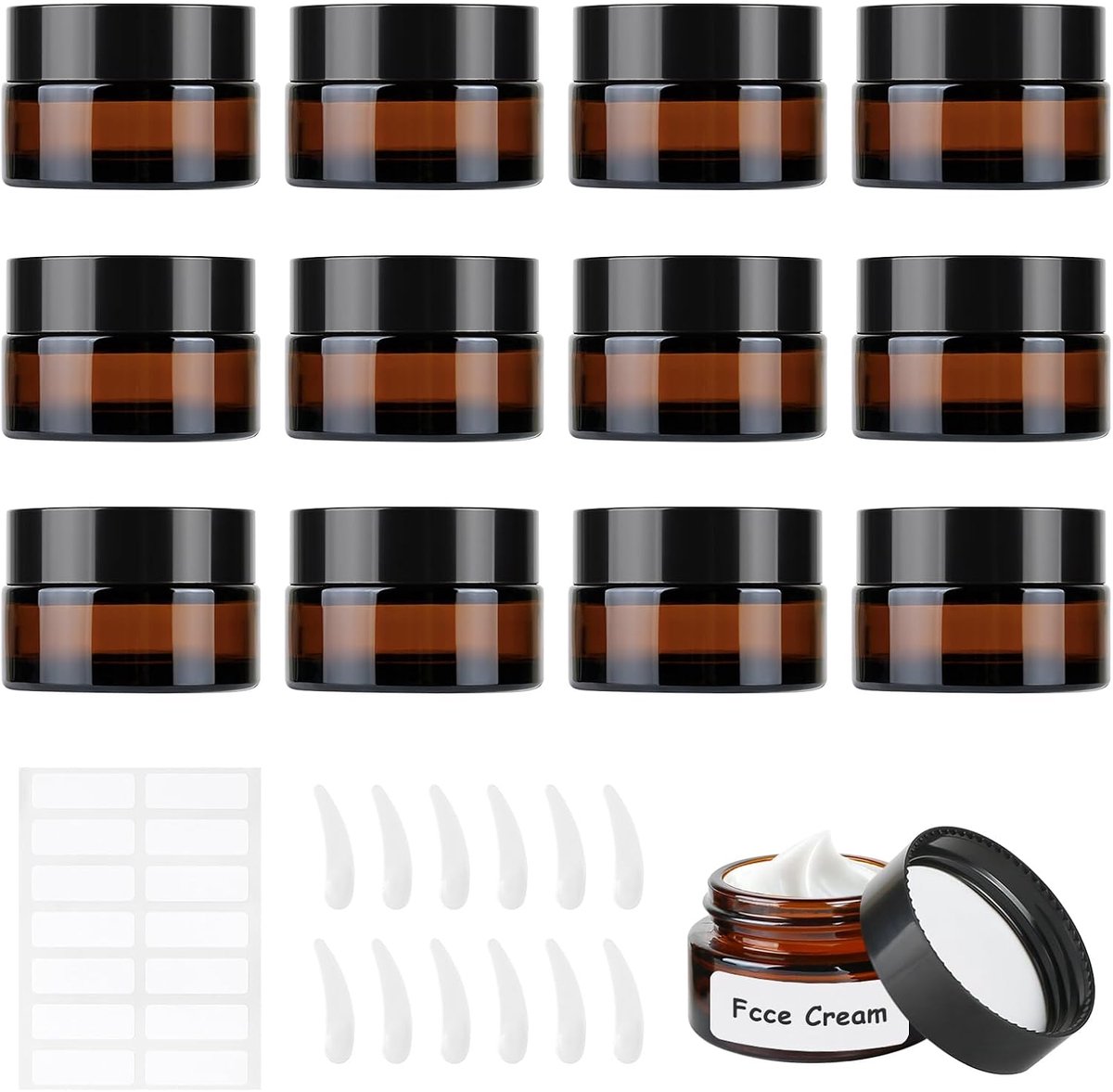 SnelShoppen - 12 Stuks 20ml Bruine Glazen Potjes, Amber Glas Creme Pot met Deksel en Liner, Inclusief Lepeltje voor Cosmetica, Crèmes, Lotion, Essenti