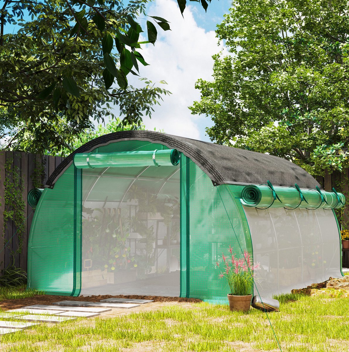 COVREO Tunnelkas 400x300x198 cm groen, kunststof met 8 ramen en roldeur