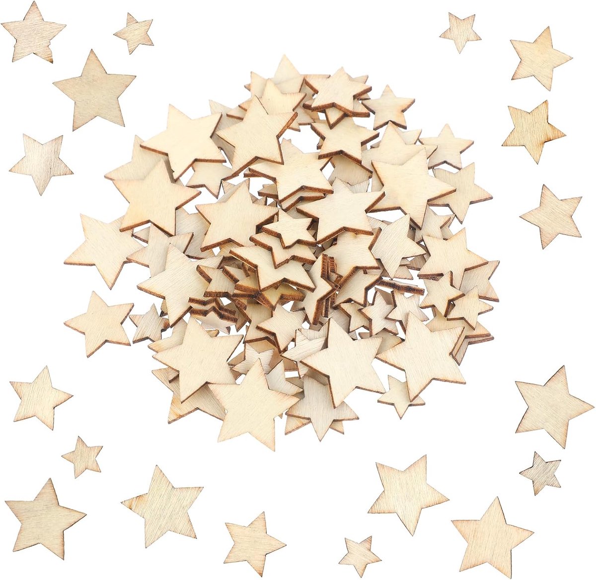 Houten Ster Ornamenten 100pcs - Onbehandeld Hout - Diverse Maten - Perfect voor Creatieve Projecten - ShopVlot