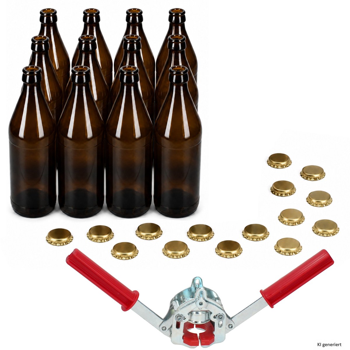 Set van 12 bruine bierflesjes van 0,5 l met 15 gouden kroonkurken en een kroonkurk-sluiter – 12x 24890, 15x 24064 & 21984