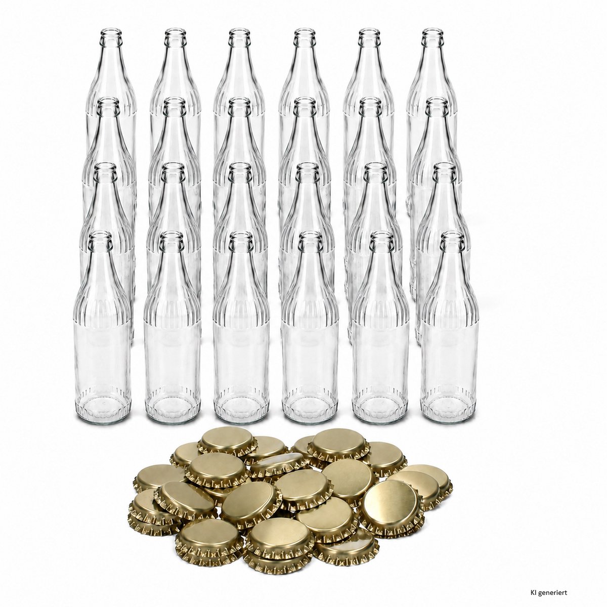 Set van 24 LINEA-flesjes van 0,33 l, transparant, met 30 gouden kroonkurken – 24x 24915 & 30x 24064