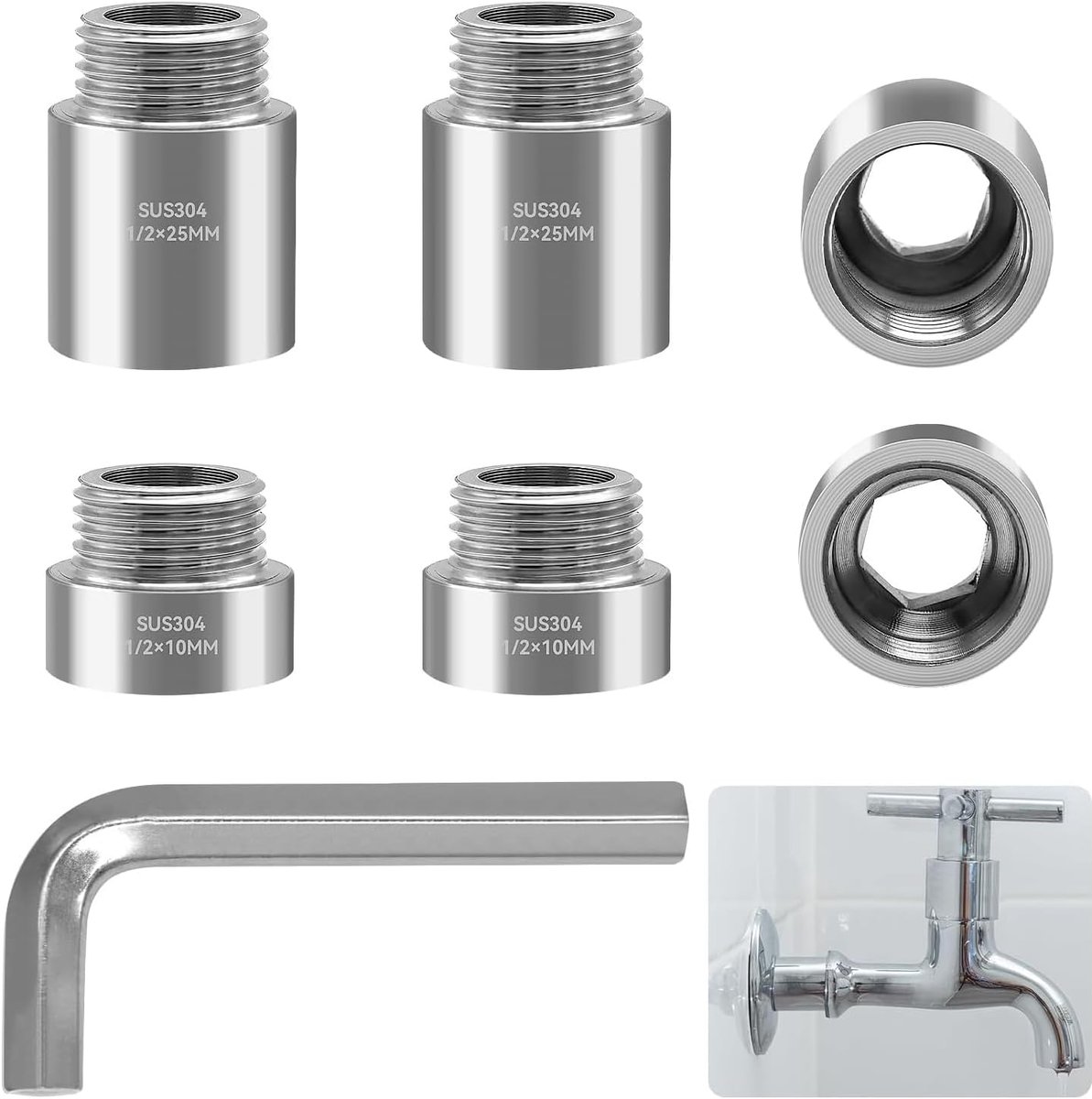 SnelShoppen - Faucet Extension 1/2 Inch, RVS Douchekop Verlenging 2 Maten, Corrosiebestendig, Draadverbinding voor Kranen, Hoekkleppen, Douchekoppen