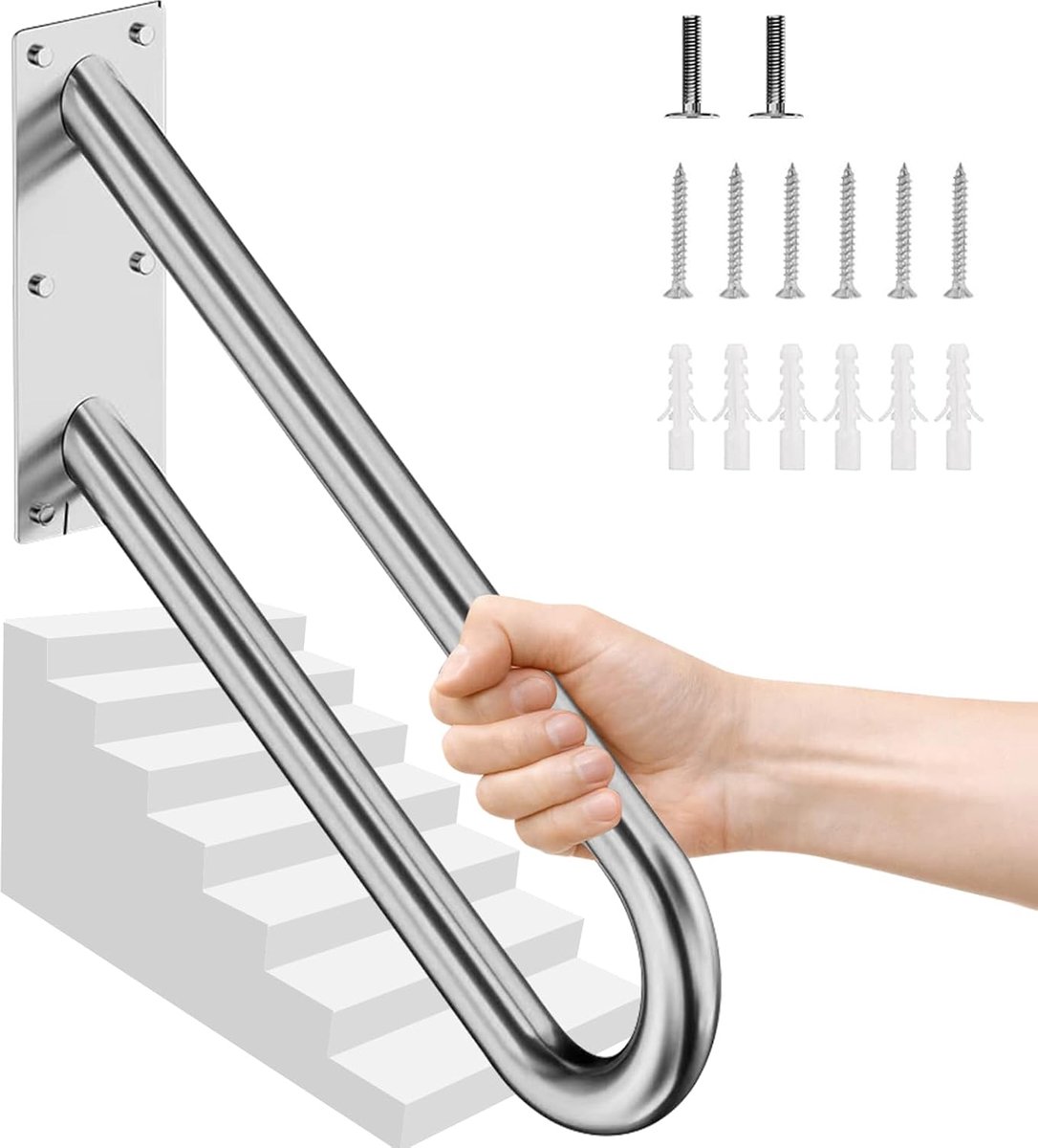 SnelShoppen - Rvs U-vormige Wandbeugel Handgreep voor Trap 1-3 Treden, Robuuste Buiten Antislip Handgrepen, Veiligheidsbeugel voor Garage, Veranda, Tu