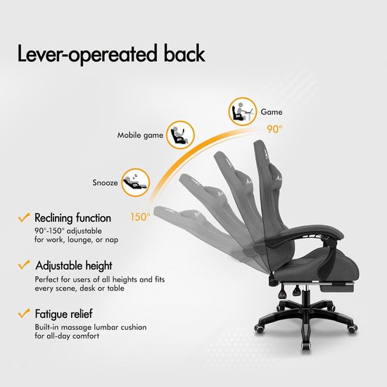 Ergonomische Gaming Chair met Massagefunctie en Verstelbare Rugleuning - Donkergrijs — afbeelding 2