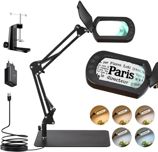 Vergrootlamp Tafelmodel - Leeslamp Met Vergrootglas - Gedetailleerd Werk - 10x Glaslens - 4.33 Inch Lens - Zwart