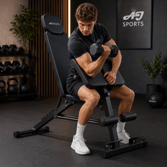 Man met zwarte T-shirt en korte broek zittend op een fitnessbank, een halterheffend met zijn rechterarm. AJ Sports logo op de bank.