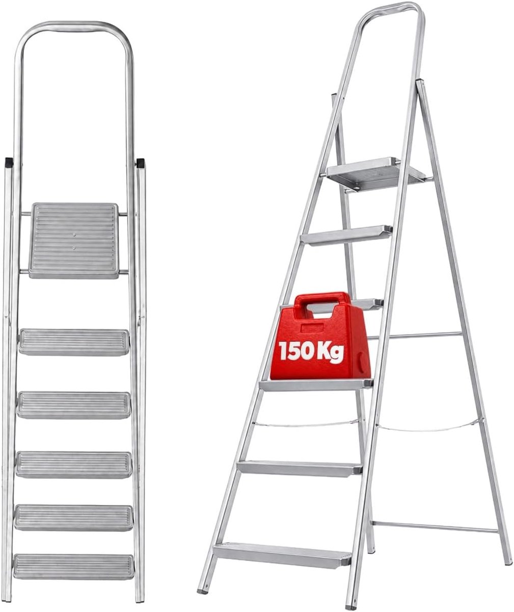 Stalen ladder - Vouwladder met plateau - Klus klaren - Antislip voeten - 6 treden - Zilver