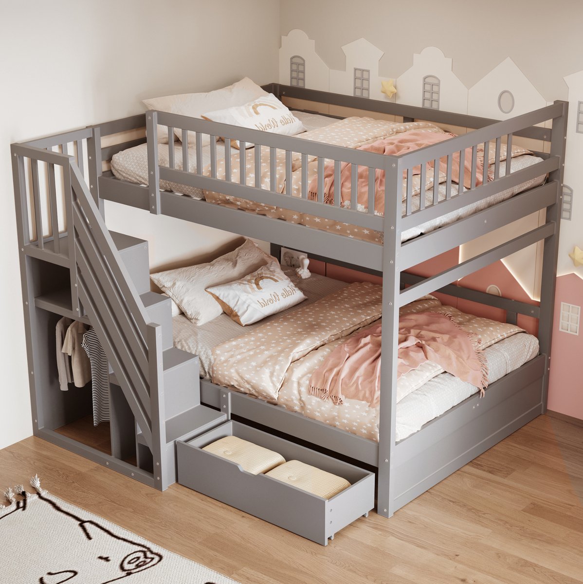 MEUNIQ Stapelbed 140x200 cm met lattenbodems, hoge veiligheidshekken, opbergtrap en opberglades, kinderbed voor de kinderkamer, grijs