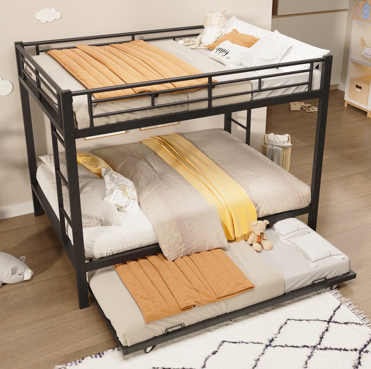 MEUNIQ Stapelbed 140 x 200 cm met uitrolbed en hoge reling, metalen kinderbed voor kinderkamer, zwart