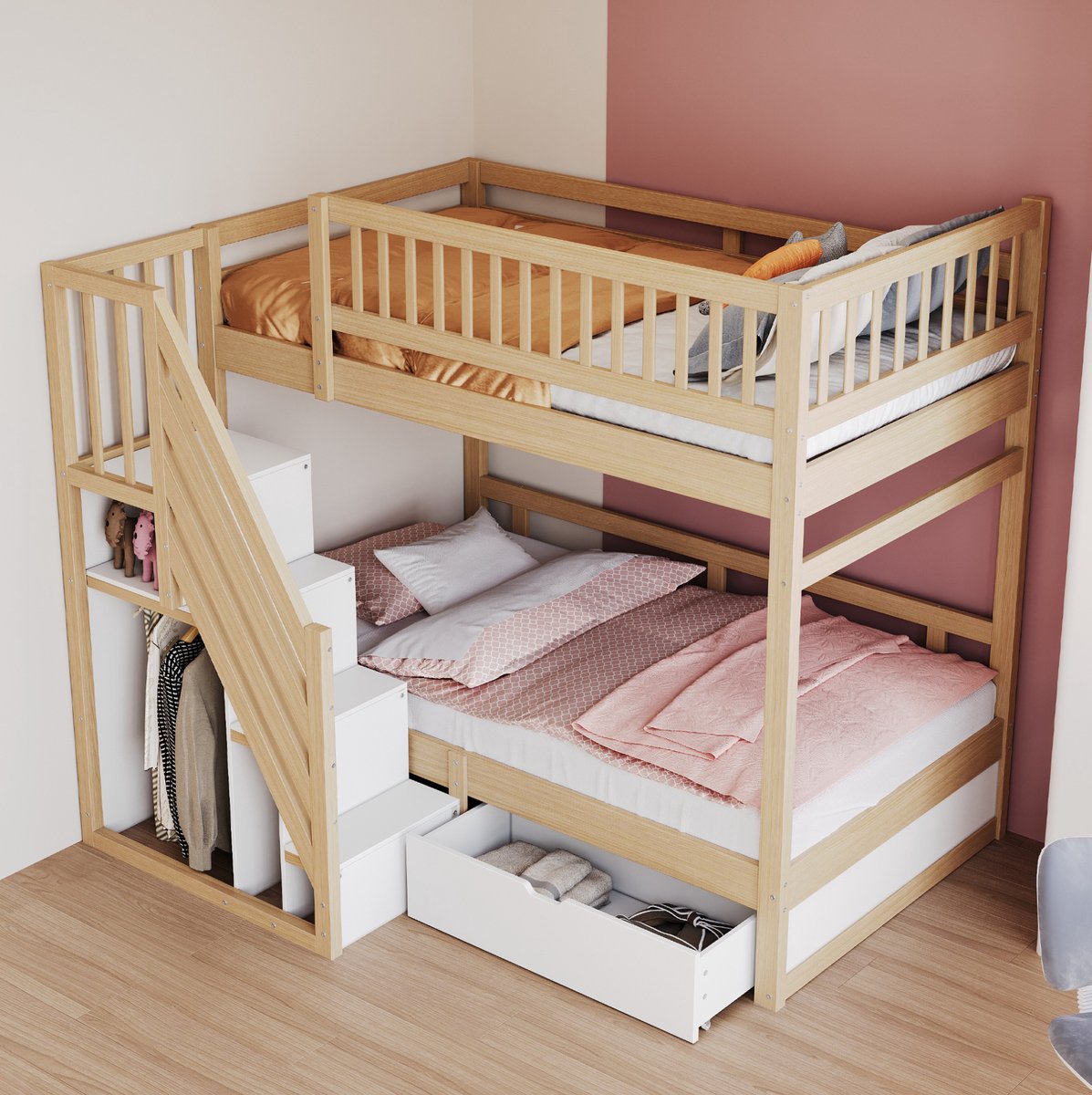 MEUNIQ Stapelbed 90x200 cm met lattenbodems, hoge uitvalbeveiliging, trap met opbergruimte en bedlades, kinderbed voor kinderkamer, naturel en wit