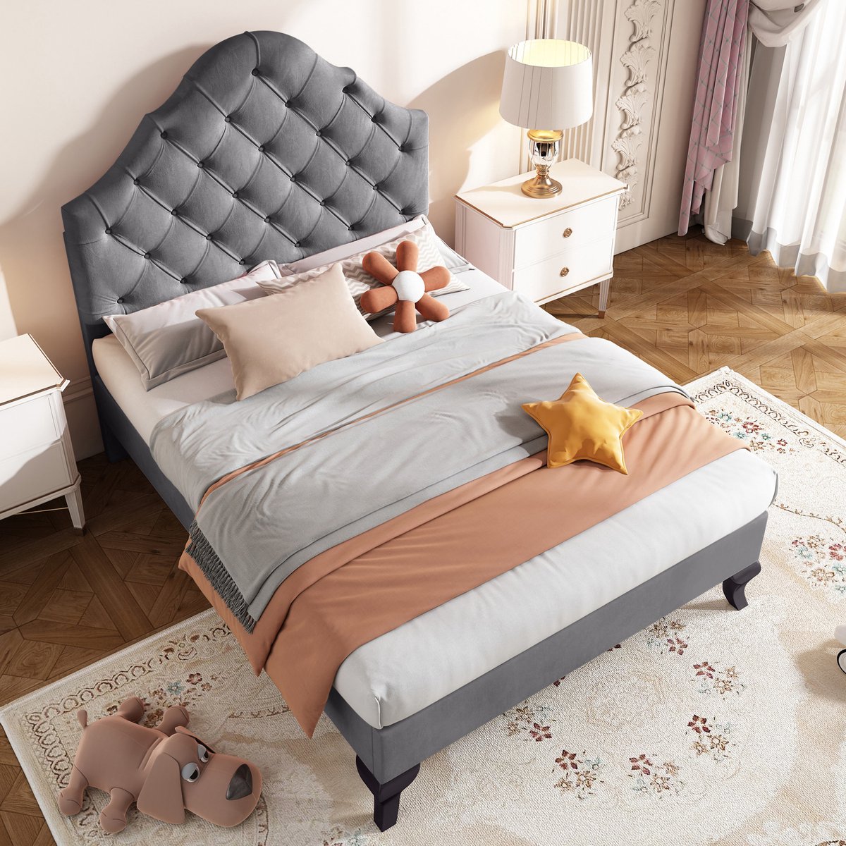 MEUNIQ gestoffeerd eenpersoons bed 90x200 cm met lattenbodem, verstelbaar hoofdbord, fluwelen bedframe voor slaapkamer, grijs