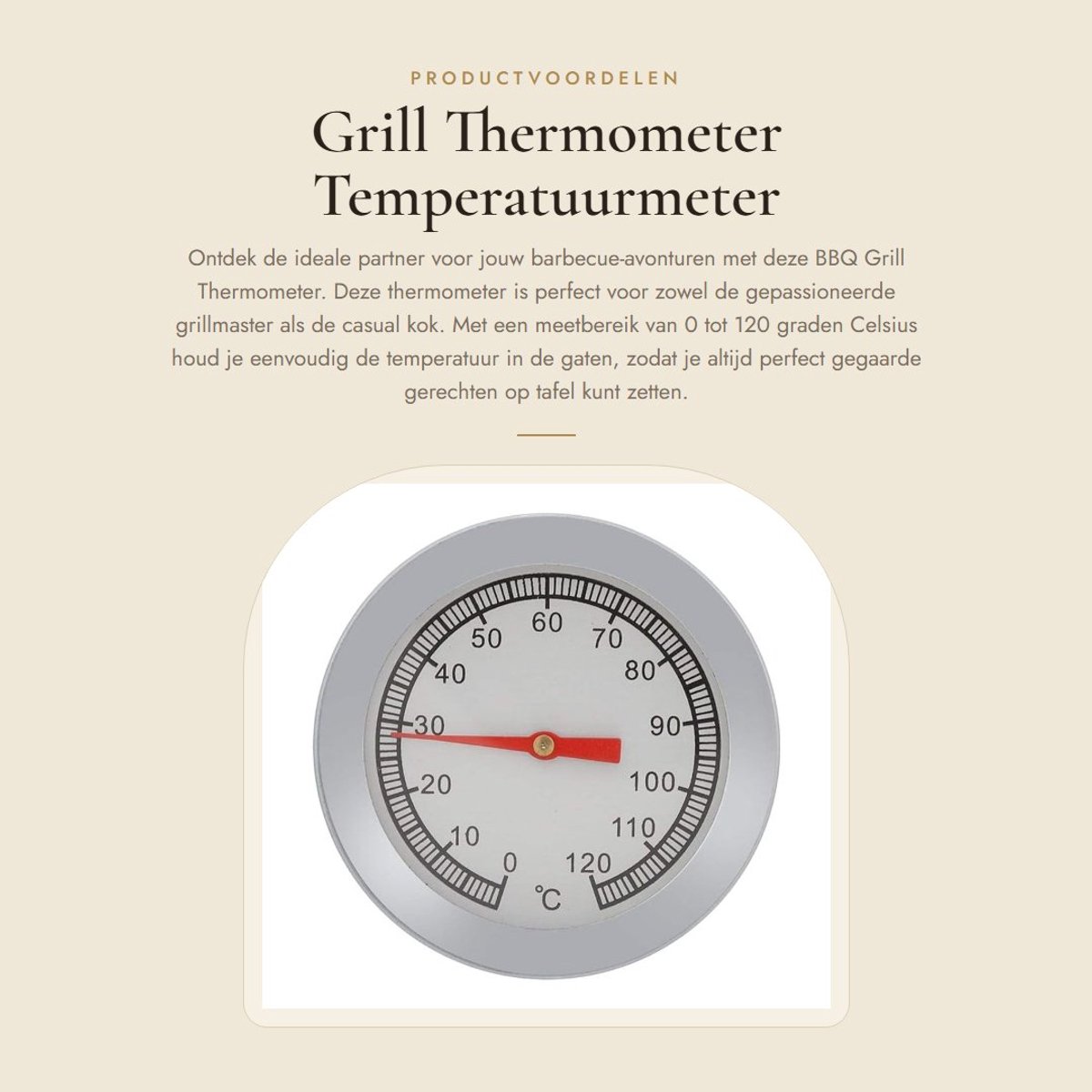 Dailygoods- Thermometer BBQ - Roestvrijstalen Behuizing - Temperatuurmeter 0-120°C - Grill/BBQ/Oven - Eenvoudig te Installeren - Lange Levensduur - Grillthermometer