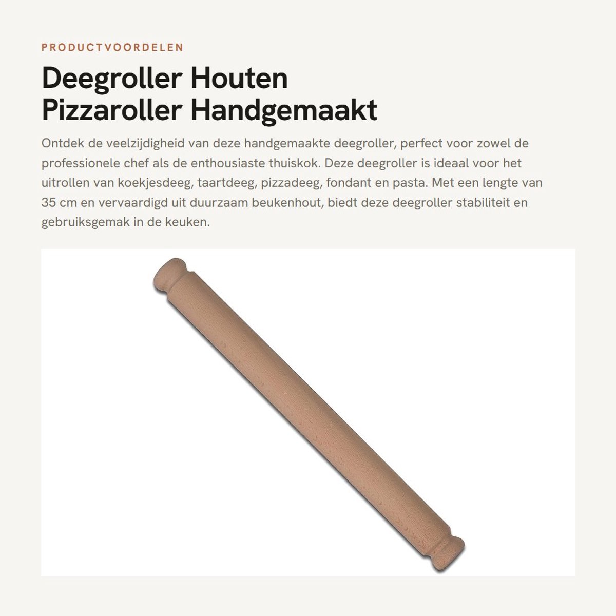 Dailygoods- Deegroller Hout 35 cm - Handgemaakt - Antikleef - Duurzaam - Geschikt voor Koekjesdeeg/Pizzadeeg - Eenvoudig te Reinigen