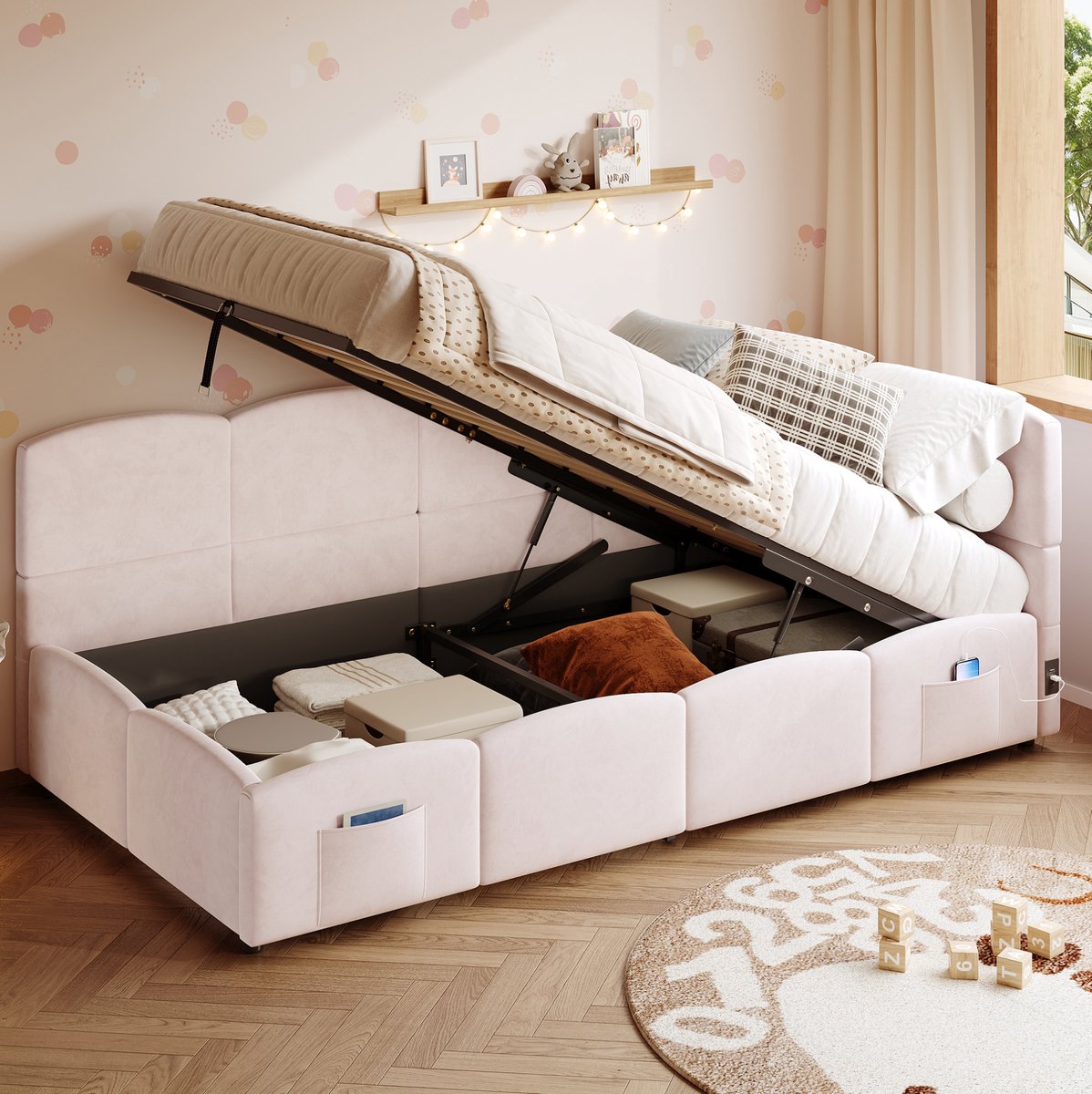 MEUNIQ slaapbank 90x200 cm met opbergruimte, lattenbodem, USB-A en USB-C, opbergzak en fluwelen bekleding, eenpersoons bed voor slaapkamer, roze