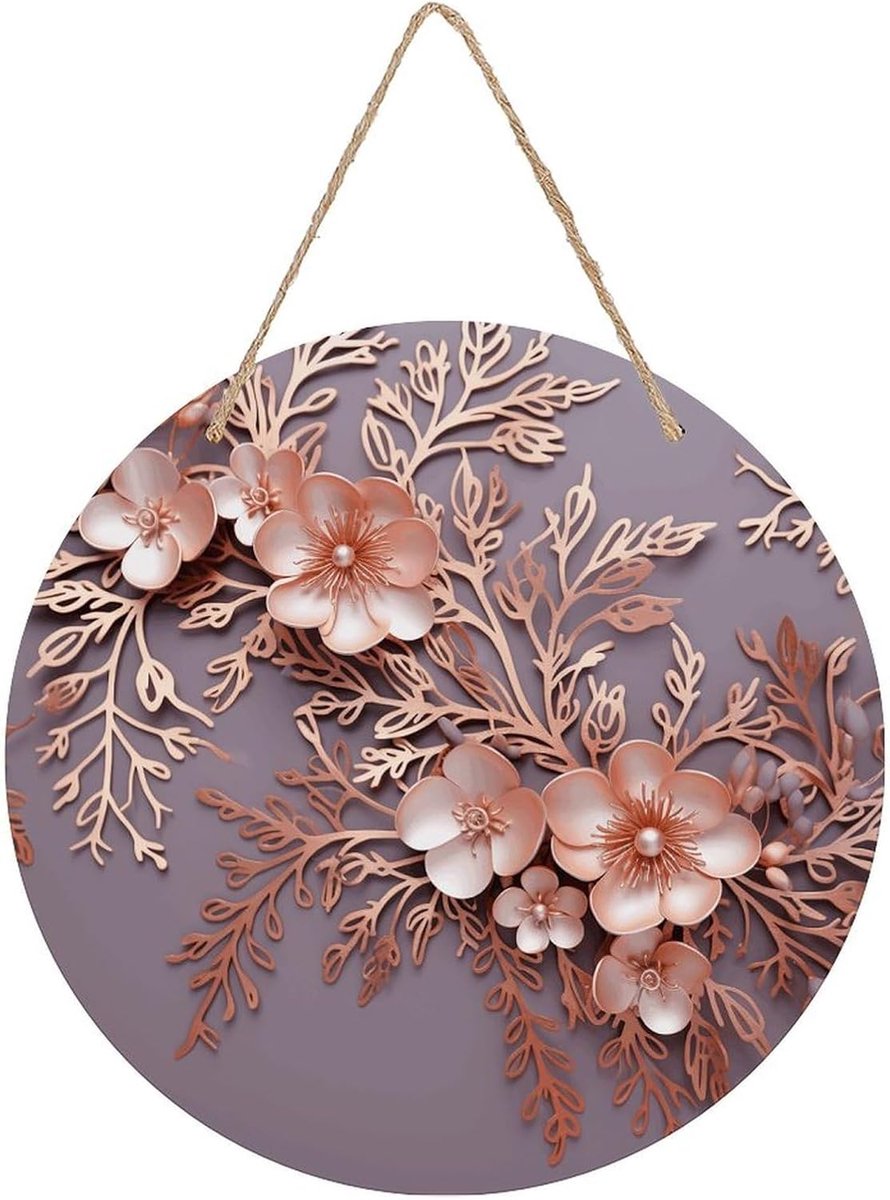 Houten Deurbord - Decoratief Schild - Muur Decoratie - Met Bloemenpatroon - 20 cm Rond - Roségoud