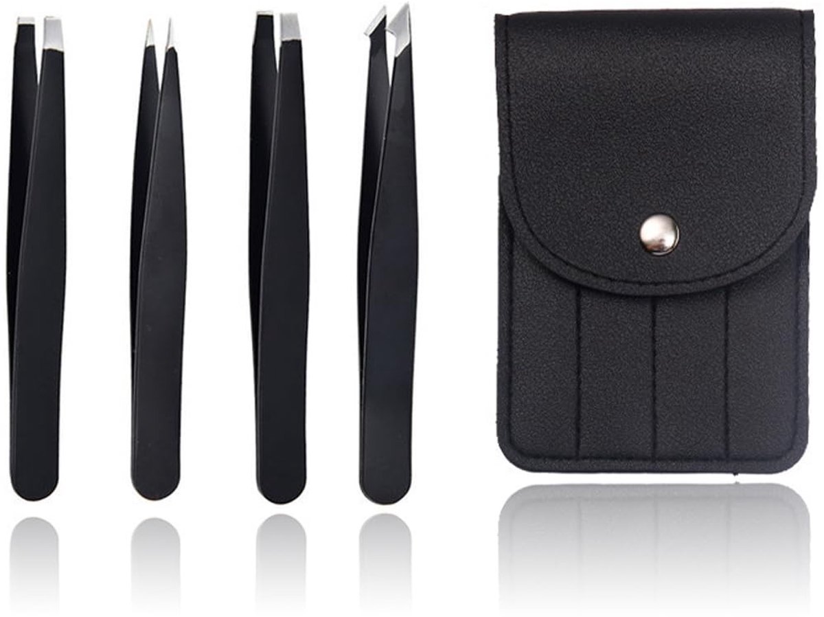 Dailygoods- Pincet Set - 4 Roestvrijstalen Pincetten - Wenkbrauwpincet/Precisie Pincet - Antislip Coating - Ergonomisch Ontwerp - Leren Etui