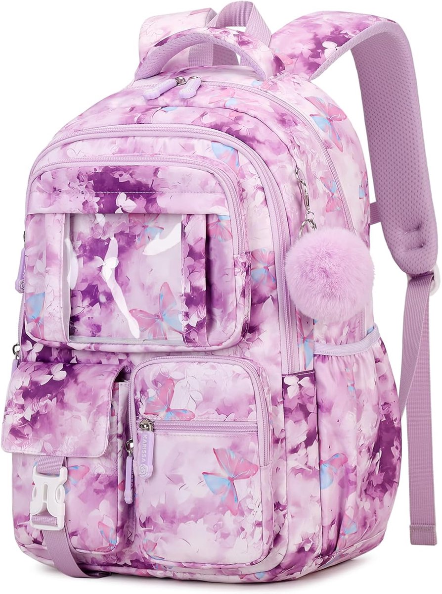 YAGXIG Kinderrugzak - Schooltas voor meisjes - Lichtgewicht - Grote capaciteit - Geschikt voor middelbare scholieren - Schooltas voor basisschoolleerlingen - Paarse vlinder - Schattig - Cadeau voor de start van het schooljaar