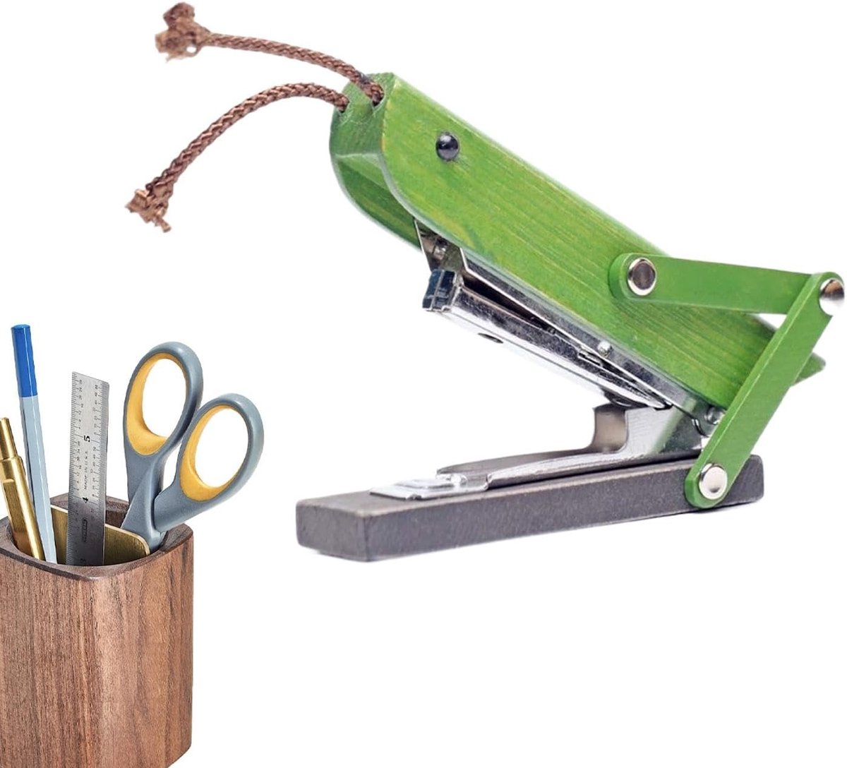 Bureau Nietmachine - Unieke Vorm - Papier Organiseren - Massief Hout - 14 cm - Groen