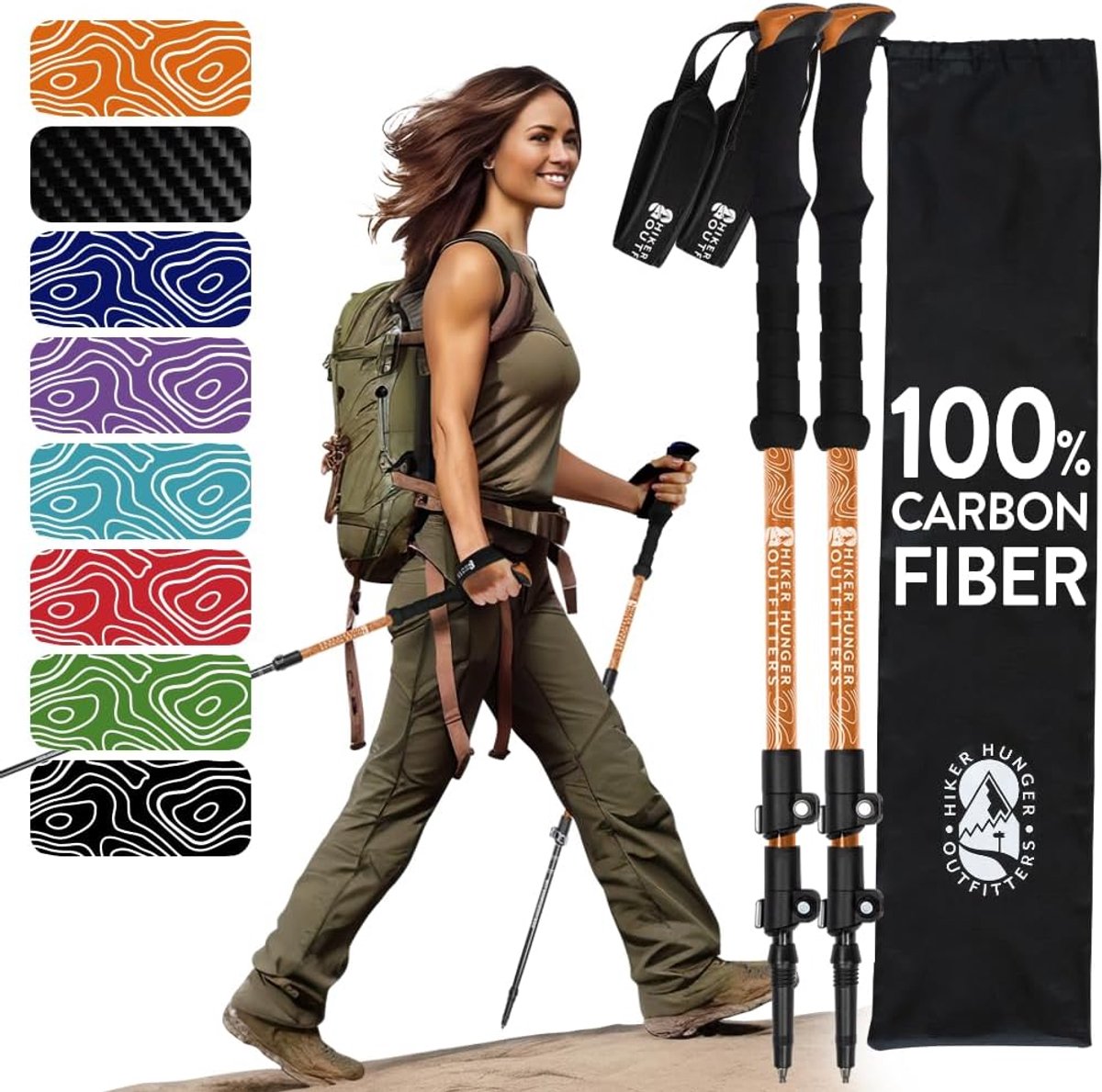 Trekkingstokken - Wandelstokken - Buitenwandelen - Lichtgewicht Carbon Fiber - 24-55 inch - Oranje