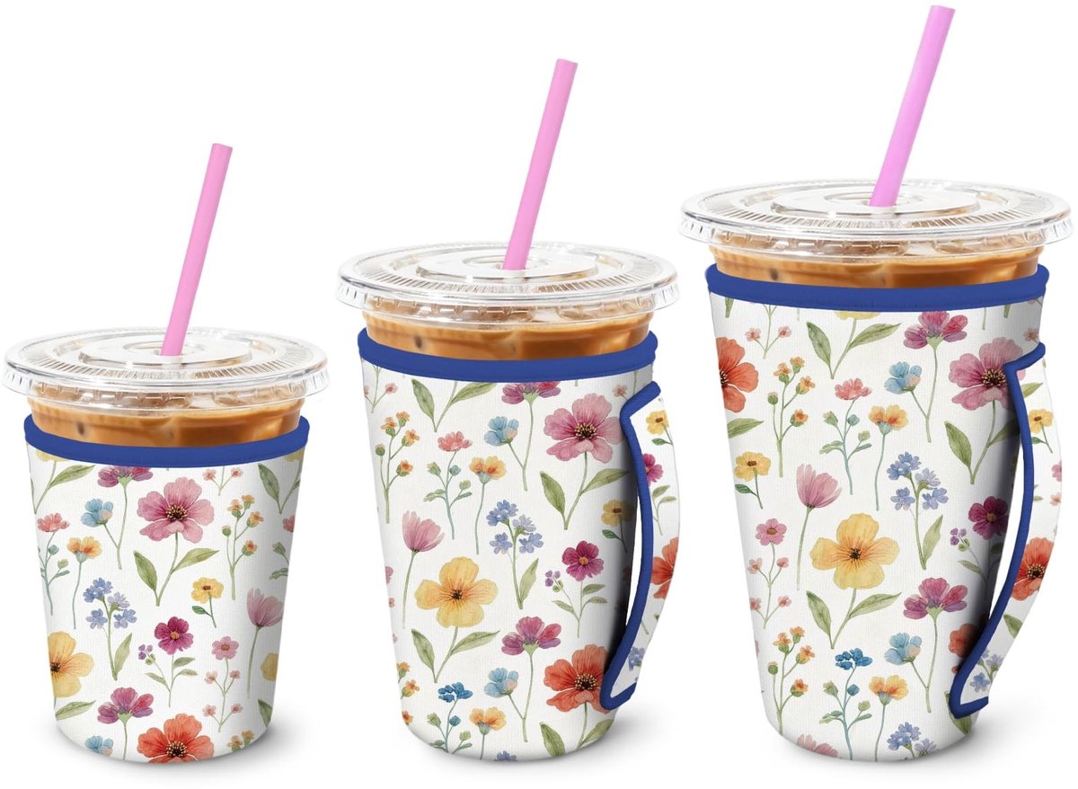 Dailygoods- Beker Hoes Boho Bloemen - 3 Stuks - Isolerende Neopreen - Geschikt voor 40-800 ml - Koude Dranken - Synthetisch Rubber - Drankhouder