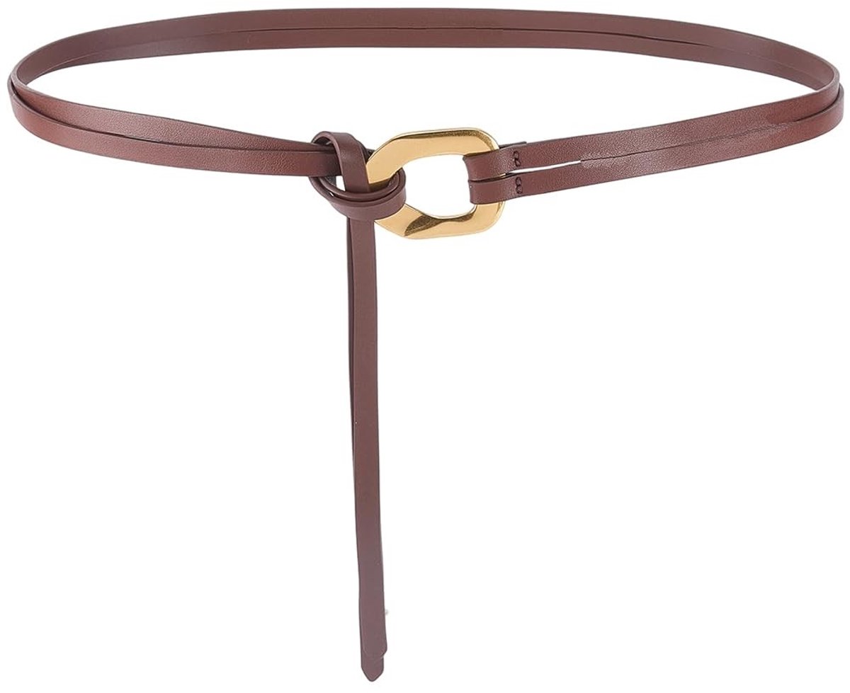 Dailygoods - Echt leer dubbele riem verstelbare bruin rundleer smal gesneden retro vintage stijl lederen wikkelriem met gouden gesp geschikt voor dames jeans en jurken