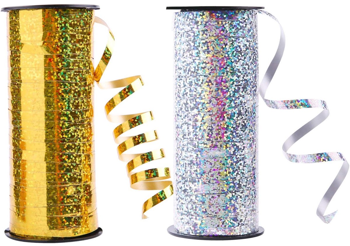 Dailygoods- Krimpt Lint - 2 Rollen - Gouden/Zilveren Ballonlint - 5 mm Breed - 100 Yard per Rol - Perfect voor Decoratie/Geschenkverpakking