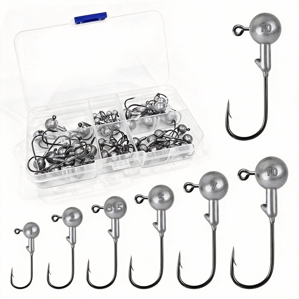 Dailygoods - 52 stuks ronde loodkop, 6 maten vishaken met ronde haken (1 g/2 g/3,5 g/5 g/7 g/10 g), hoogwaardige offsethaken voor zoet- en zoutwaterforel vissen