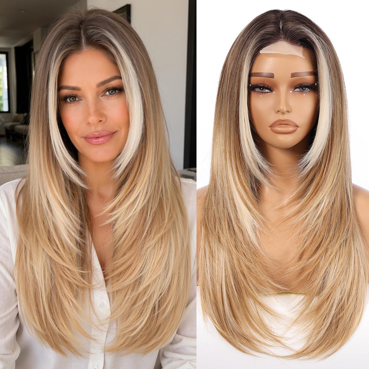 Dailygoods- Lace Front Pruik - Hittebestendig Synthetisch - Lange Steile Gelaagde 26 Inch - Natuurlijk Uiterlijk - Midden Scheiding - Perfect voor Dagelijks Gebruik