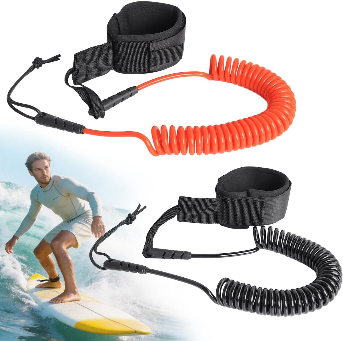 Dailygoods- SUP-leash set van 2 - 3,05m opgerolde veiligheidsleash - Voetlus met klittenbandsluiting - Zacht neopreen - Geschikt voor surfboard/kajak/longboard - Robuust kunststof kliksysteem - Surfboardlijn