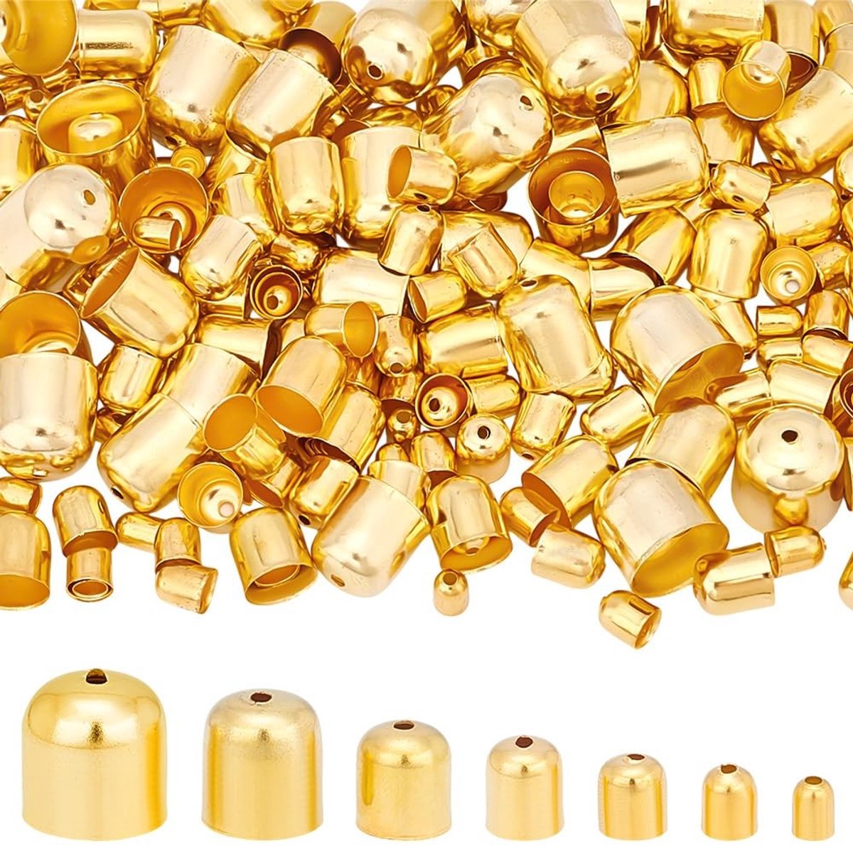 Dailygoods- Koorduiteinden 345 Stuks - 7 Maten - IJzeren Kraal Kegel - Goud - Voor Sieraden - Kwastjes Maken - Gat 1,4/1,5/1,6 mm