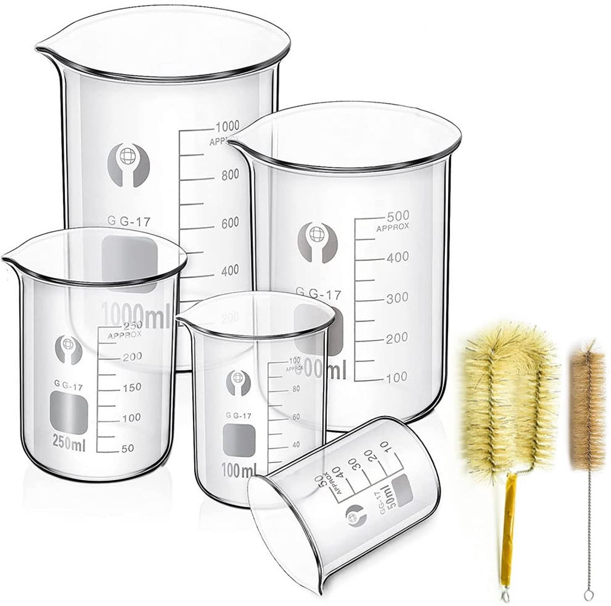 Dailygoods - Borosilicaatglas Maatbeker Set - 5 Stuks met Reinigingsborstels
