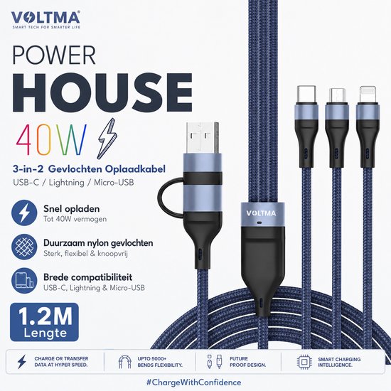 Câble de chargement tressé Voltma 40W Power House 3-en-2, longueur 1.2M, avec connecteurs USB-C, Lightning et Micro-USB.