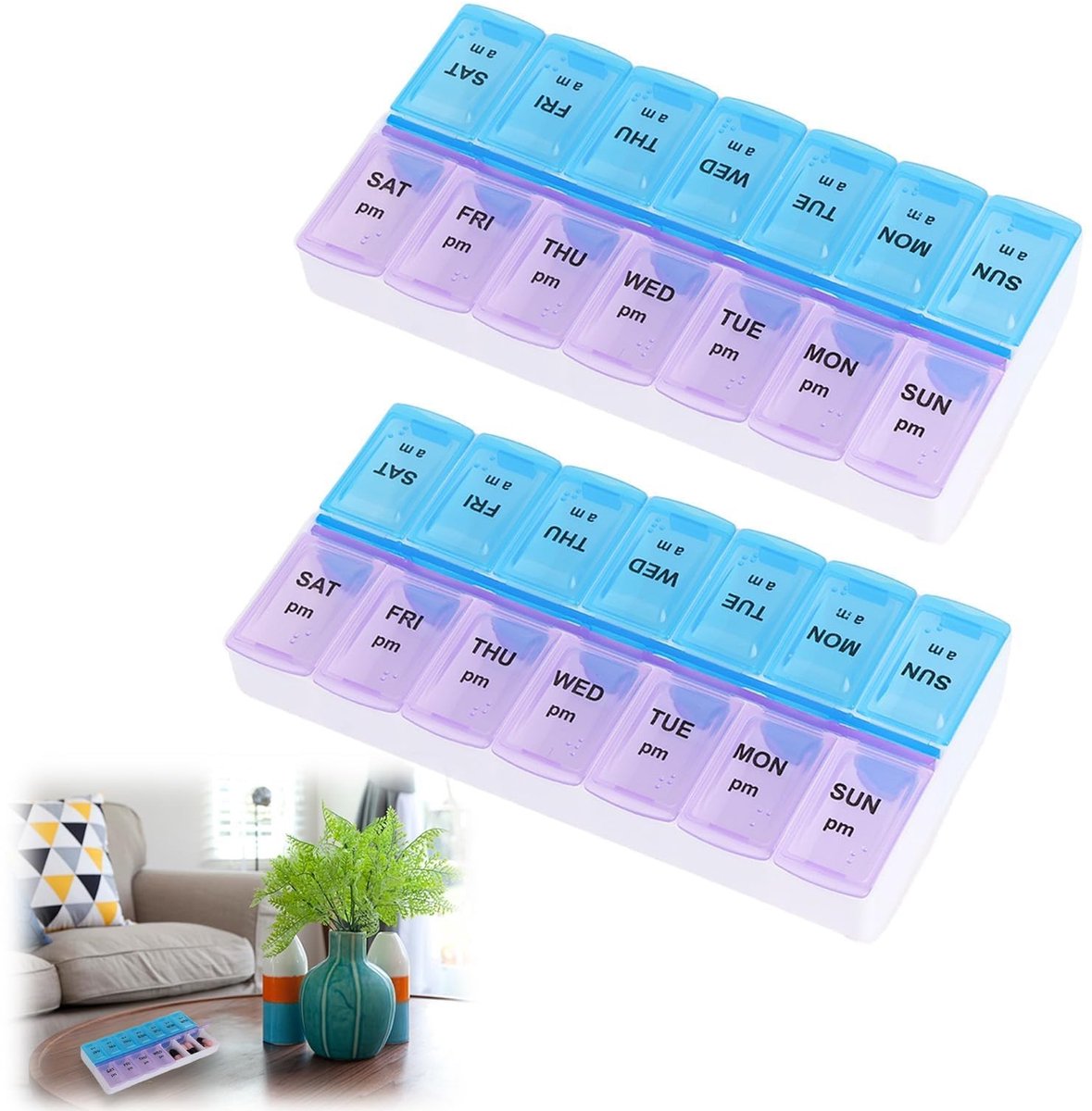 Dailygoods- Pillendoos 7 Dagen - 2 Vakken - 14 Compartimenten - Draagbaar - Waterdicht - BPA-vrij - 13,5 x 7 x 2,5 cm - Medicijnendoos