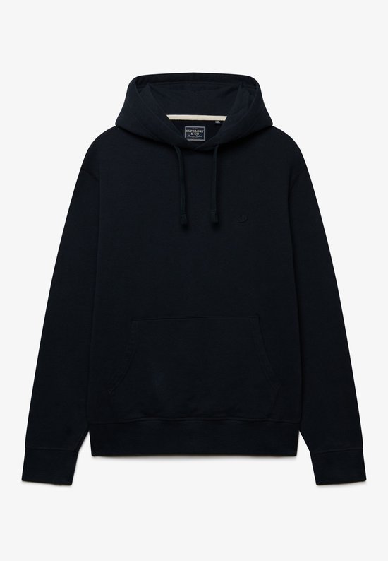 Donkerblauwe hoodie met capuchon, kangoeroezak en klein logo op de borst.