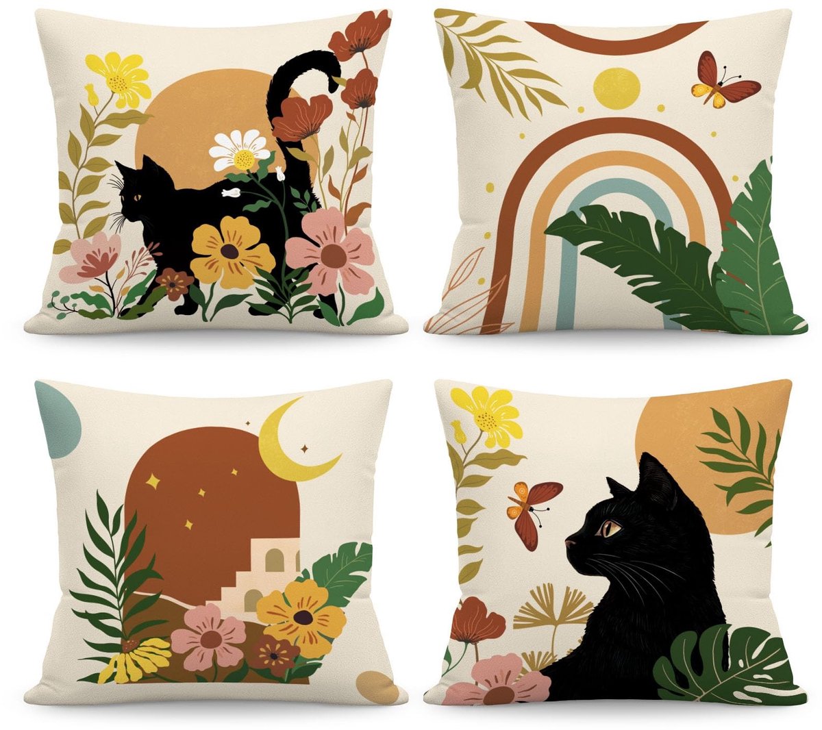 Dailygoods- Kussenhoezen Set van 4 - Abstracte Zwarte Kat - Fluweel - 45 x 45 cm - Decoratieve Kussenhoezen - Verborgen Ritssluiting - Kussenslopen