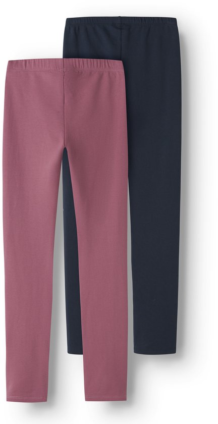 Een roze en een donkerblauwe legging naast elkaar, met elastische taillebanden.