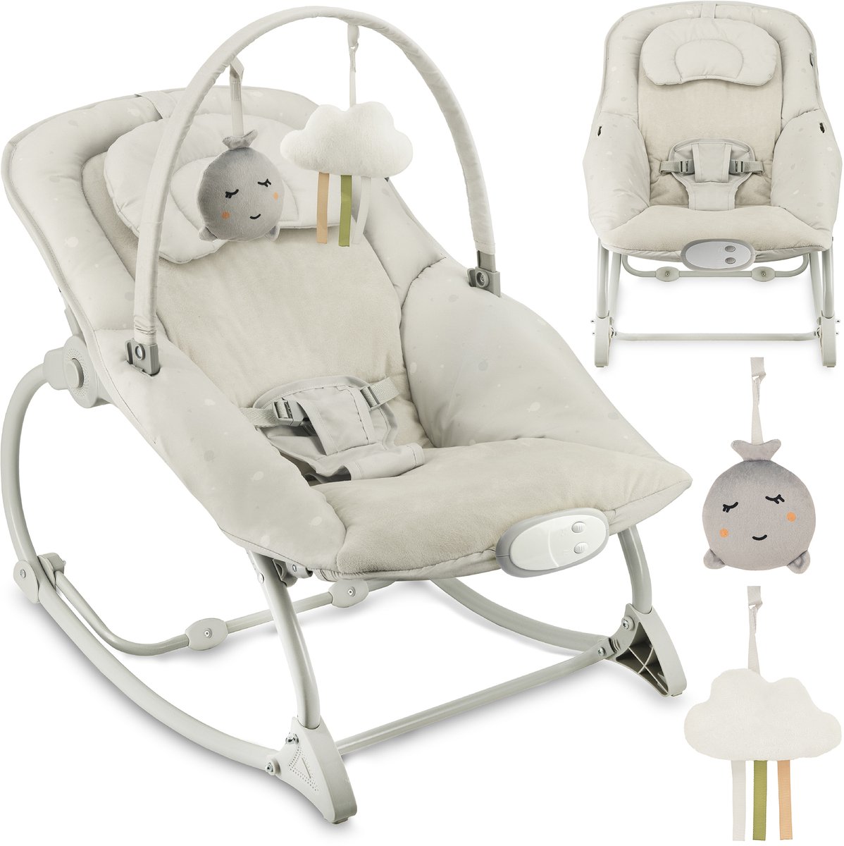 MoMi LAPIS - Babywipstoel - Wipstoel met Vibratie en Melodieën - Verstelbare Rugleuning - Lichtgrijs