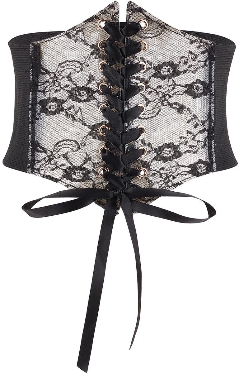 Allecto - Bloemenkorset - Vintage corsetriem - Zwart kant - Elastische taille riem - Perfect voor cosplay en evenementen - 72 x 19,5 cm