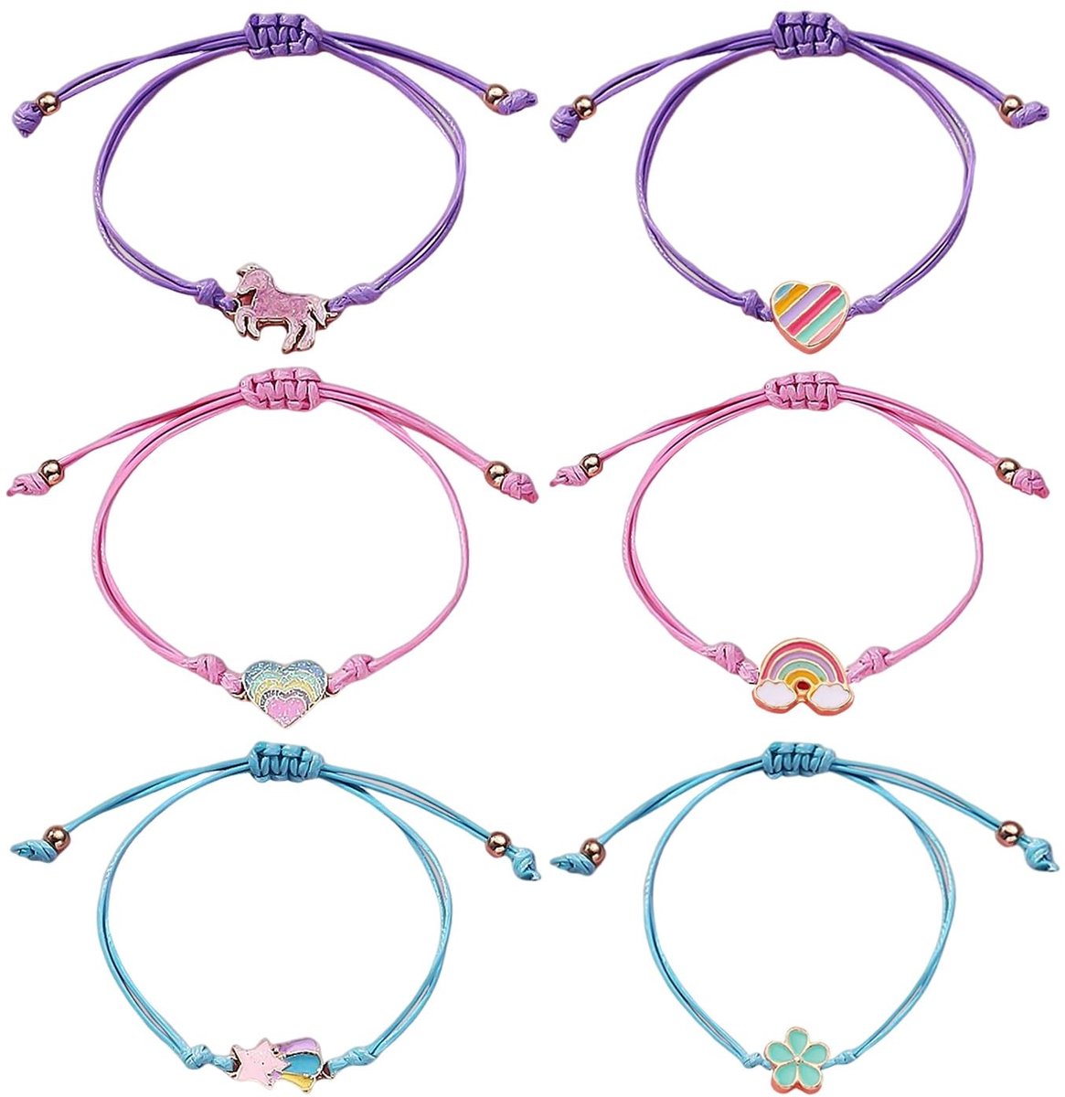 Dailygoods- Kinderarmbanden 6 stuks - Verstelbare Armbanden - Regenboog/Paardenmotief - Sieraden/Accessoires voor Meisjes - Modieuze Armbandenset - Duurzaam Touw van Legering/Wax