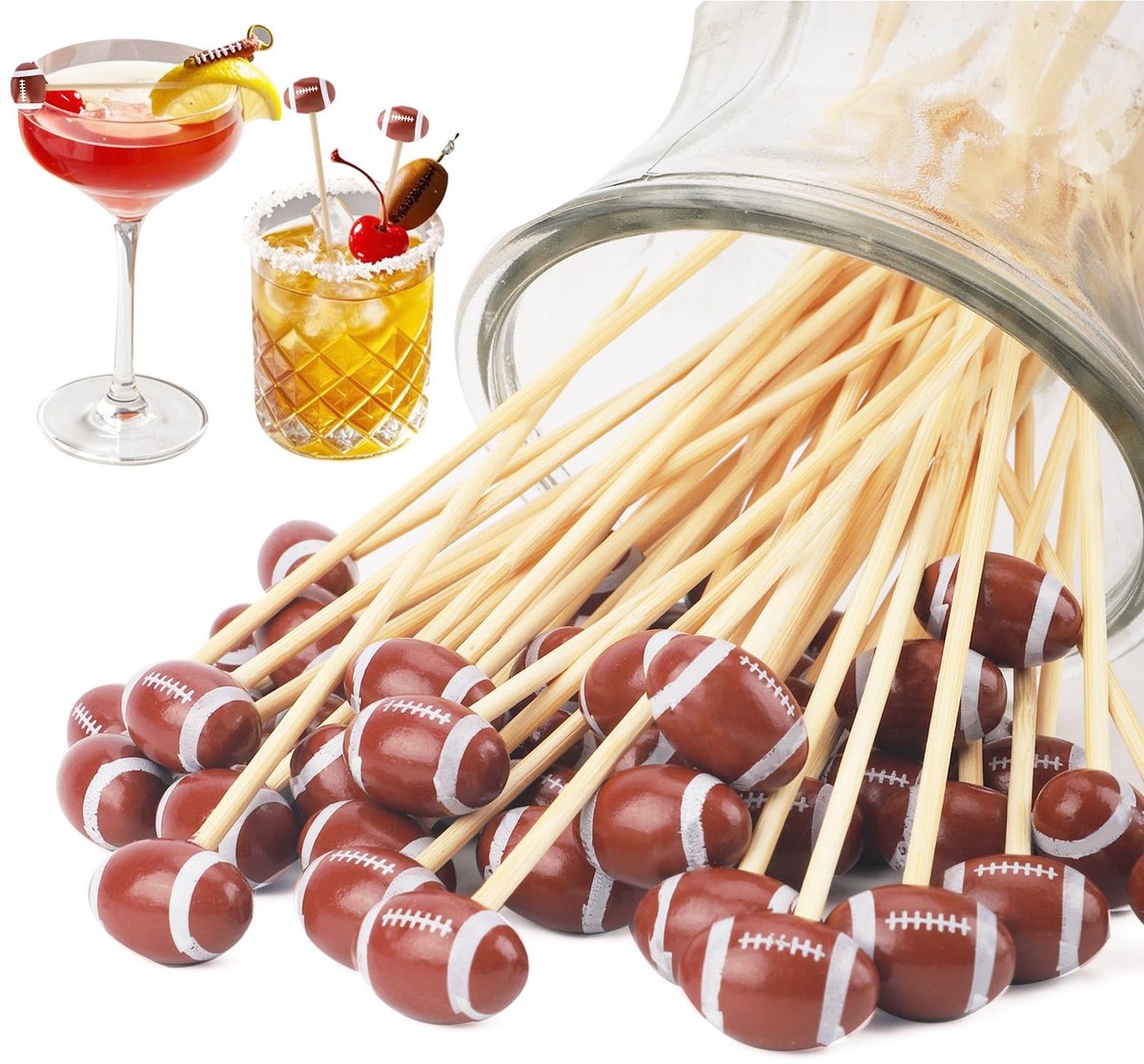 Dailygoods- Cocktailprikkers 200 Stuks - Houten Voetbal Prikkers - Decoratief voor Verjaardagen - Snack/Voorgerecht Prikkers - 12,8 cm - Sportthema Feest Benodigdheden - Voedselprikkers