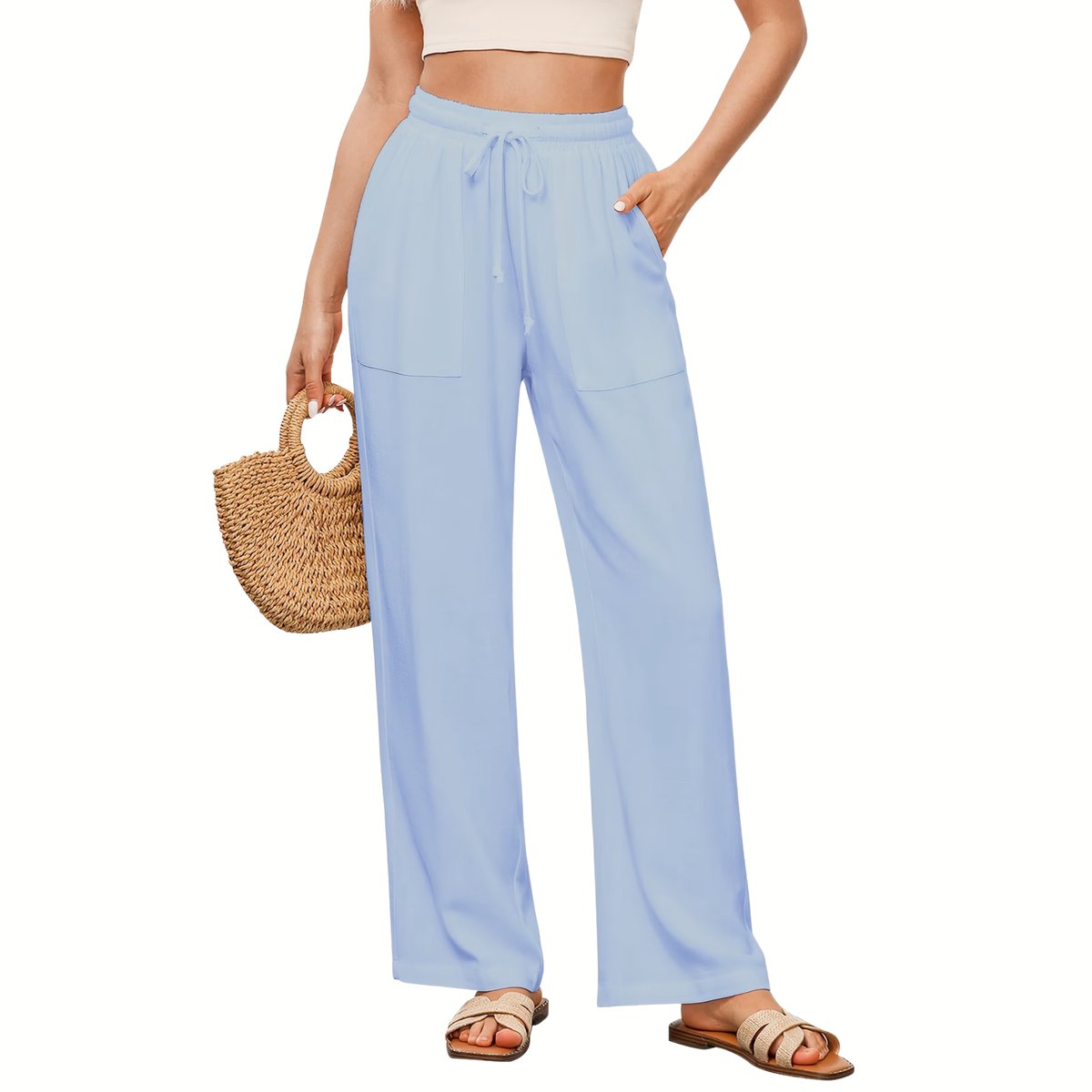Currero Linnen Broek Dames Zomerbroek Volwassenen Lange Broek Pantalon Strandbroek Zomer Ibiza Stijl Lichtcyaan