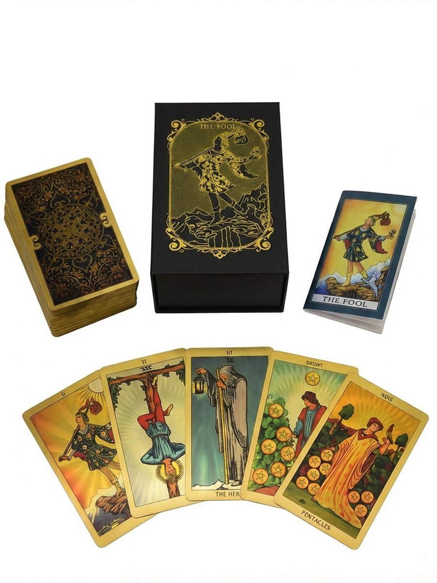 Dailygoods- Tarotkaarten Gouden 78 Stuks - Waterdicht PVC - Tarot Deck met Engelstalige Gids - Holografische Print - Duurzaam - Voor Beginners/Gevorderden - Tarotdeck