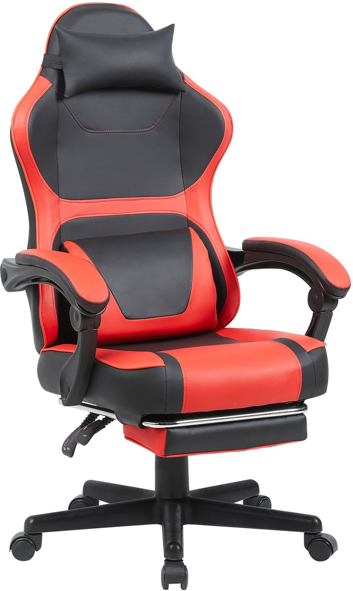 ROLIPO Gamingstoel - Uitschuifbare voetsteun - Dubbel lendenkussen - Zwart-rood design