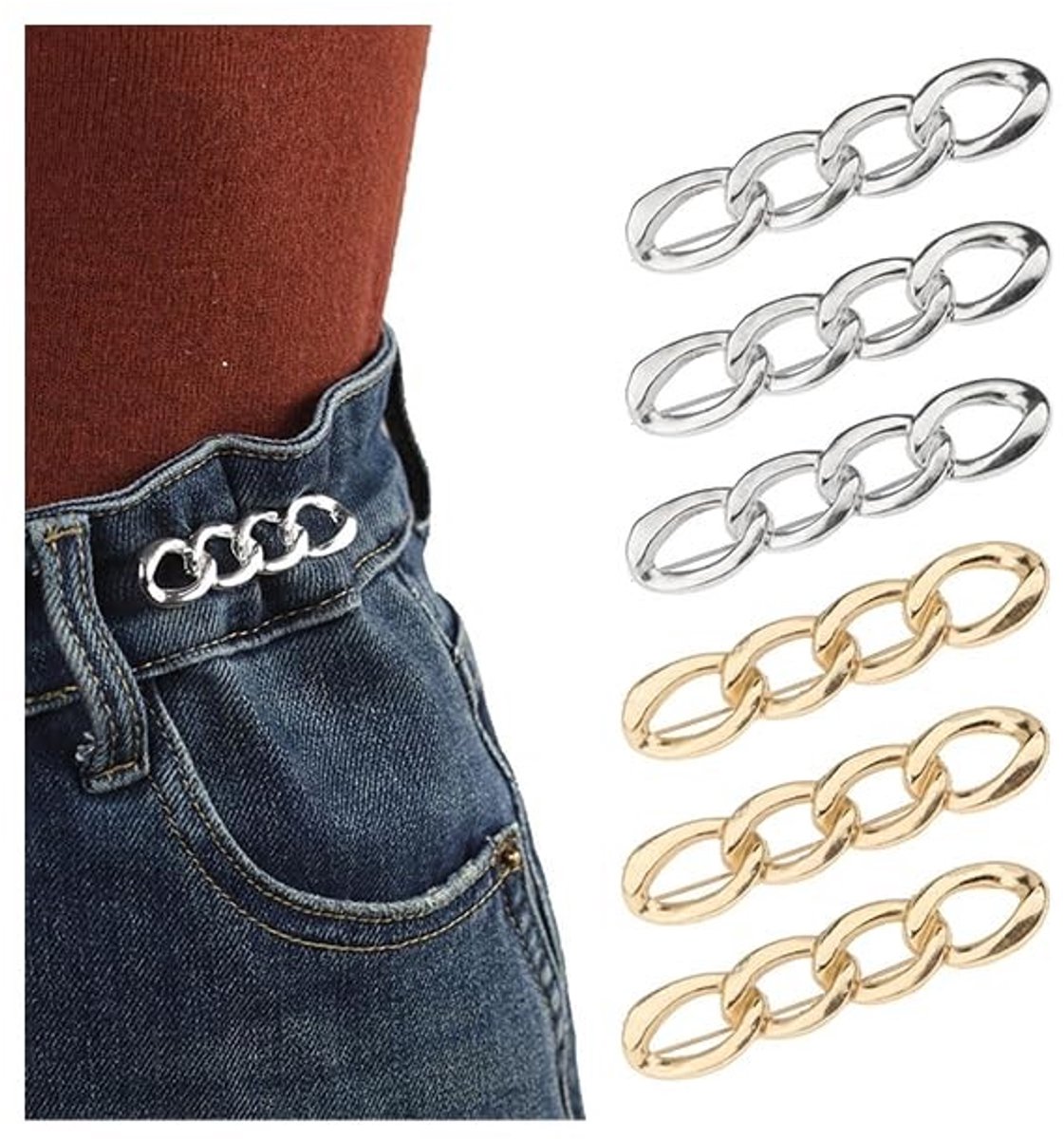 Dailygoods - 6 Stuks Verstelbare Tailleclips voor Broeken in Zilver en Goud