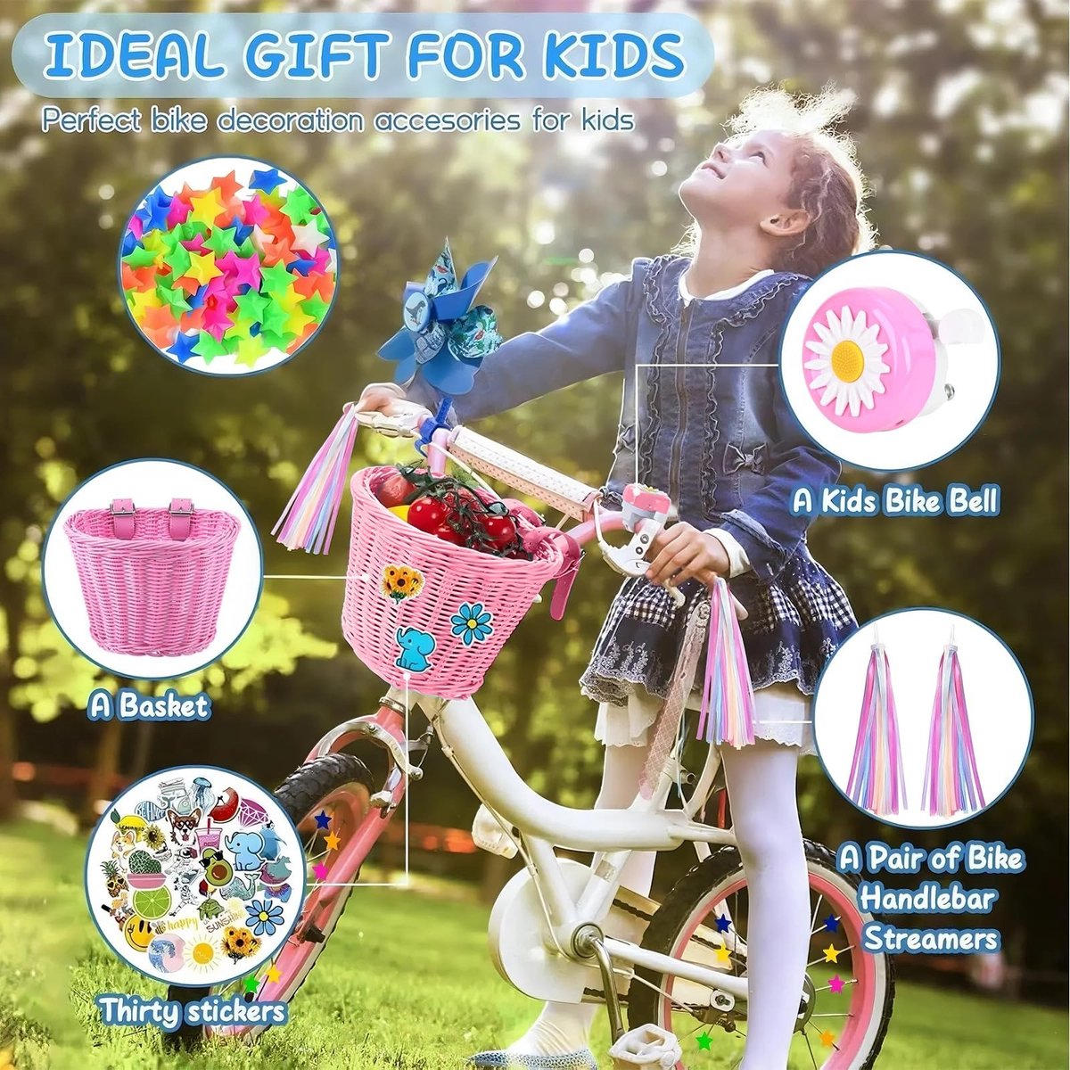 Dailygoods- Fietsmand met accessoires - Fietsbel - Kwastbanden - Stickers - Decoratie - Roze - 21x16x16 cm - Fietsaccessoires