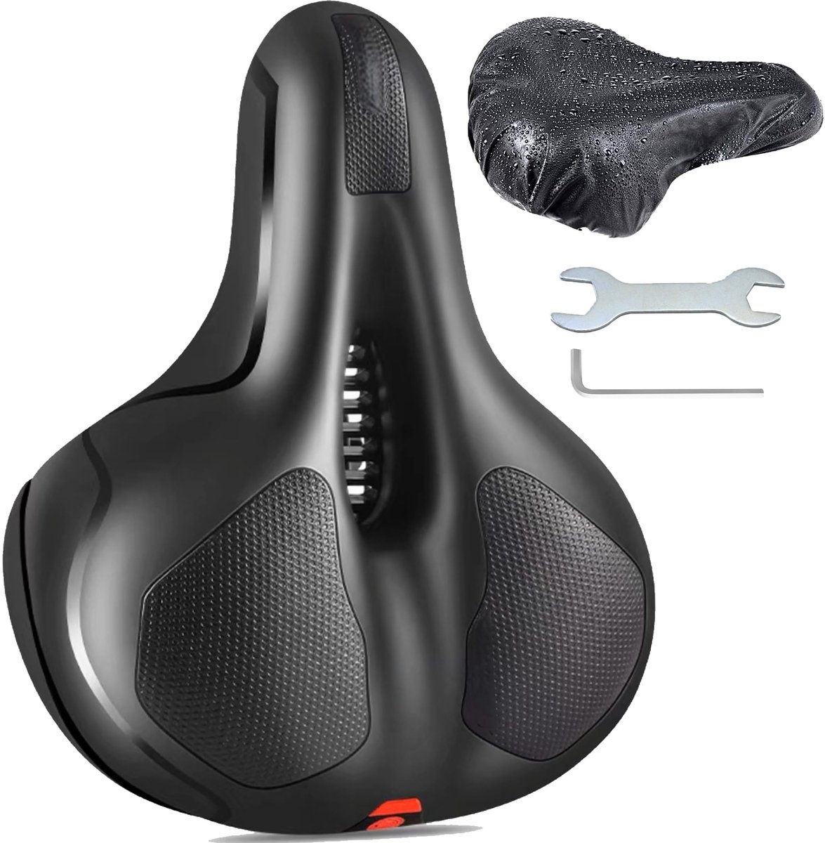 Dailygoods - SUQ Fietszadel, oversized fietszadel, zacht, ademend, schokabsorberend, geschikt voor MTB, straat, spinning, exercise en stadsfietsen, inclusief regenbescherming en gereedschap