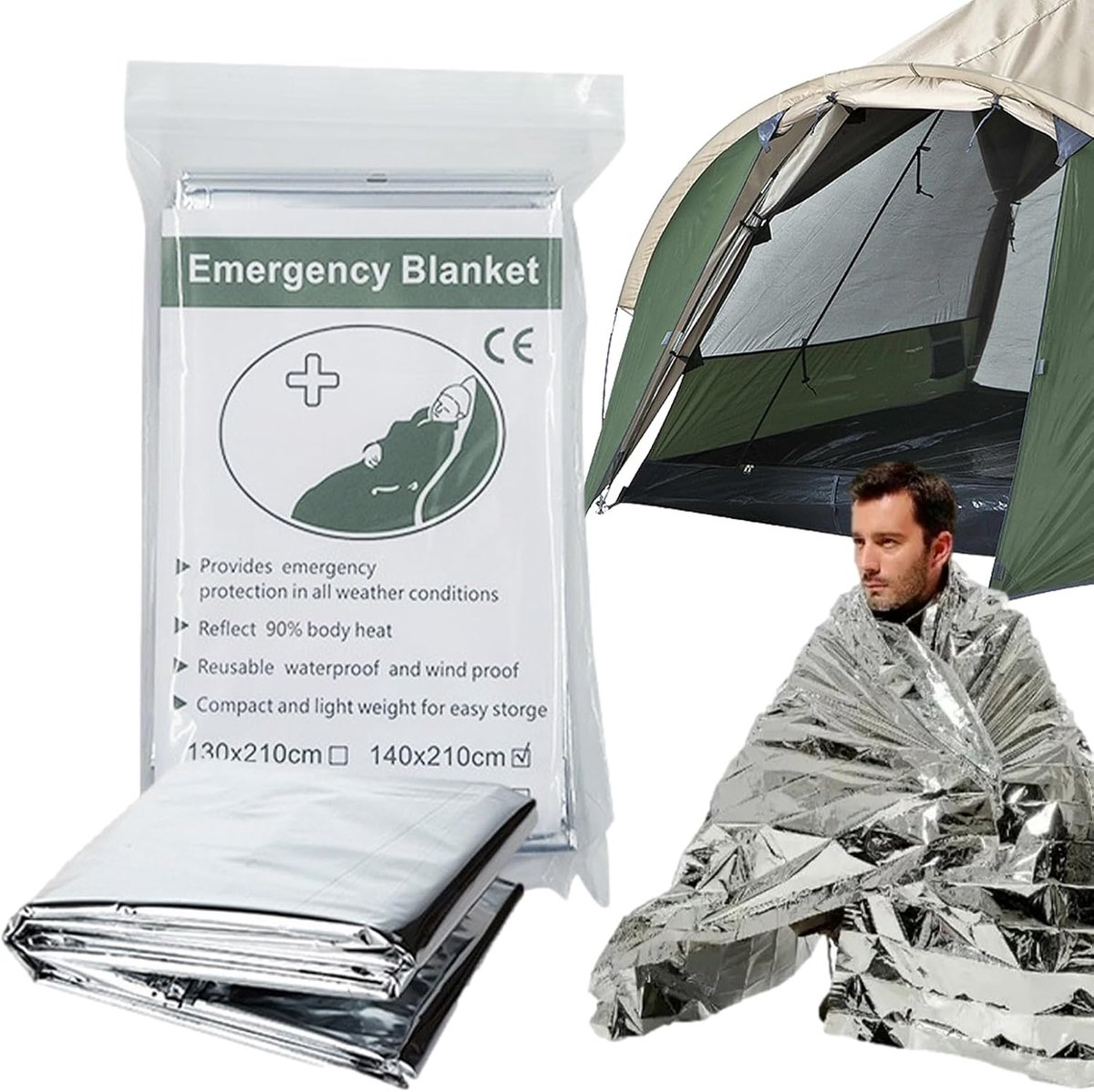Overlevingsdeken - Thermodeken Nood - Outdoor Bescherming - Waterdicht Winddicht - 160 x 210 cm - Zilver